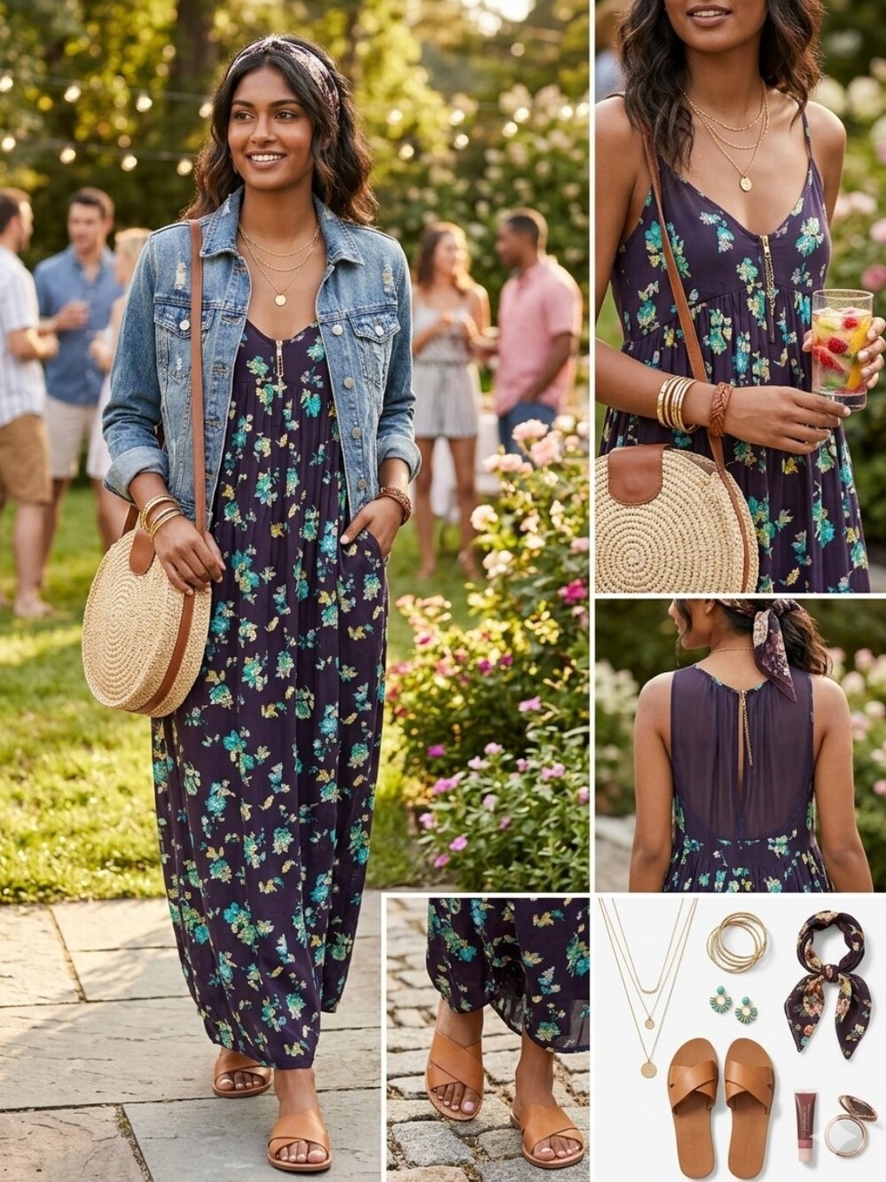 LC Lauren Conrad Women's 16 Navy Floral Spaghetti-Strap Maxi Dress